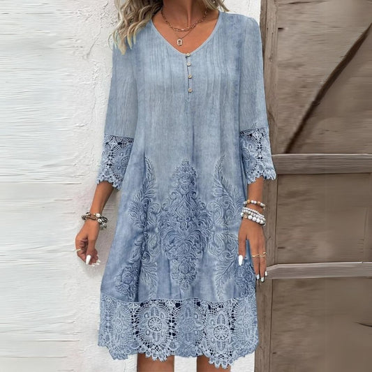 Damen Kleid | Stickerei Dreiviertelärmel Midi