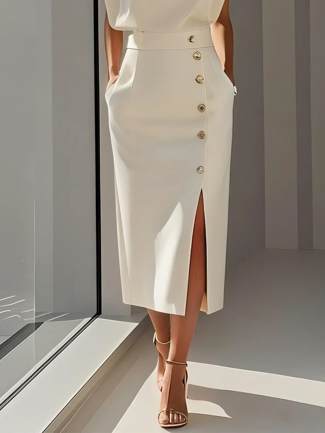 Damen Kleid | Ärmelloses Midi mit Knöpfen