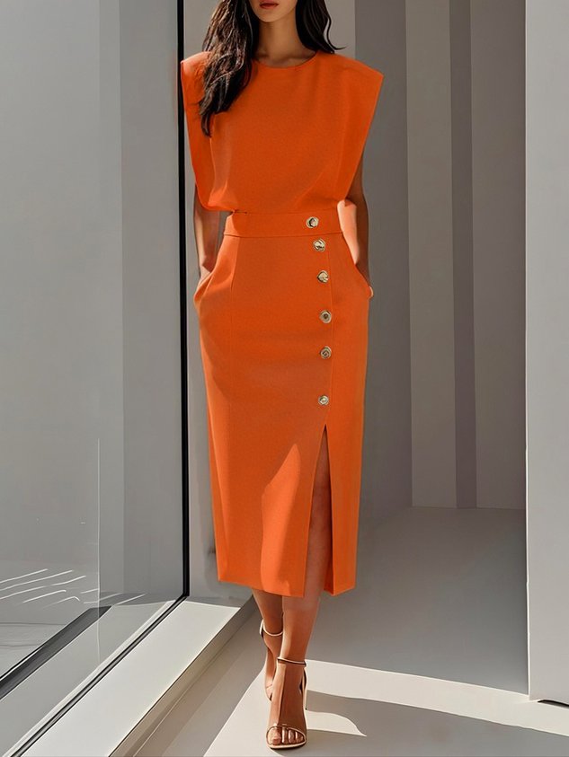 Damen Kleid | Ärmelloses Midi mit Knöpfen