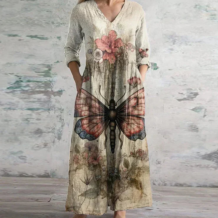 Damen Kleid | Retro Print V-Ausschnitt Maxi