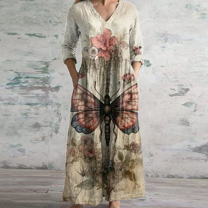 Damen Kleid | Retro Print V-Ausschnitt Maxi