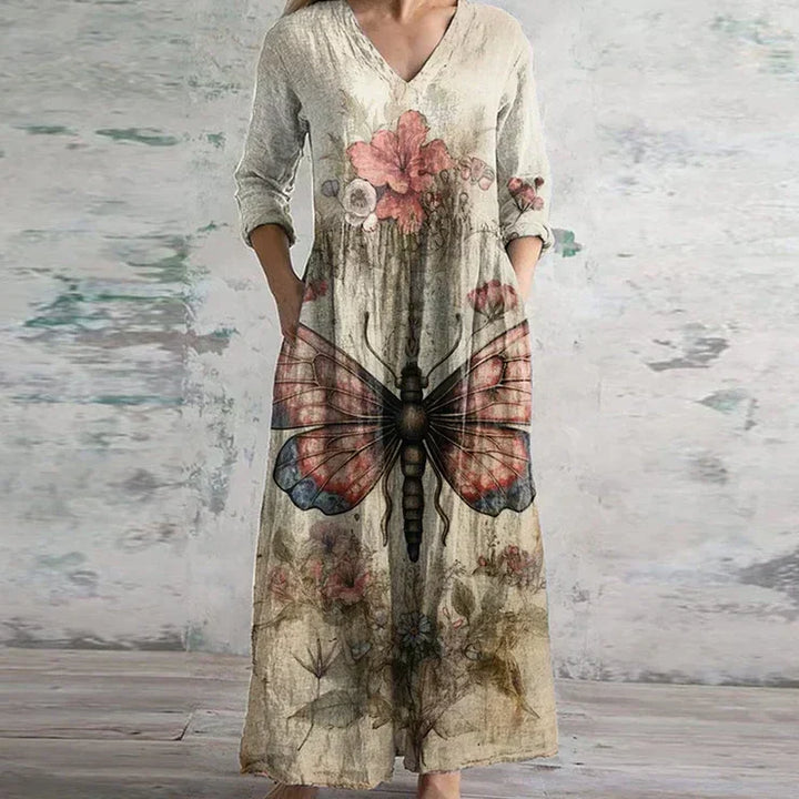 Damen Kleid | Retro Print V-Ausschnitt Maxi
