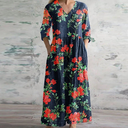 Damen Kleid | Retro Print V-Ausschnitt Maxi