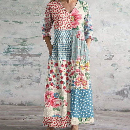 Damen Kleid | Retro Print V-Ausschnitt Maxi