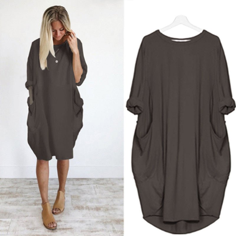 Damen Kleid | Rundhals Taschen Oversize