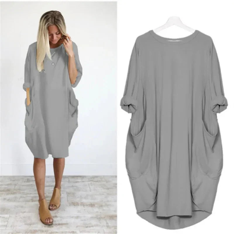 Damen Kleid | Rundhals Taschen Oversize