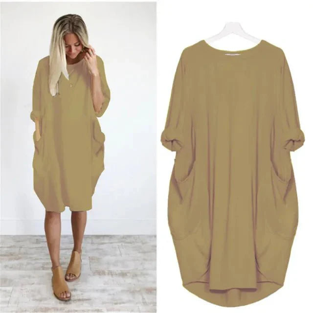 Damen Kleid | Rundhals Taschen Oversize