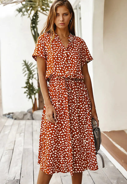 Damen Kleid | Kurzarm Bindegürtel Midi