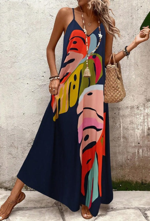 Damen Kleid | Kurzarm Blätterprint Maxi