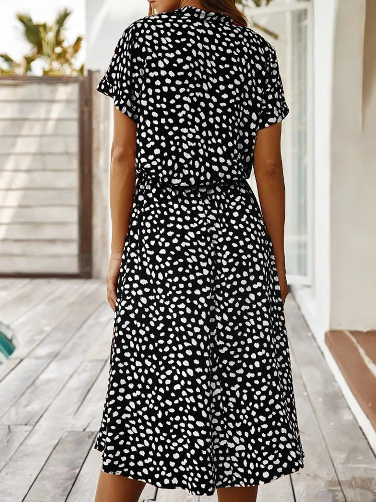 Damen Kleid | Kurzarm Bindegürtel Midi