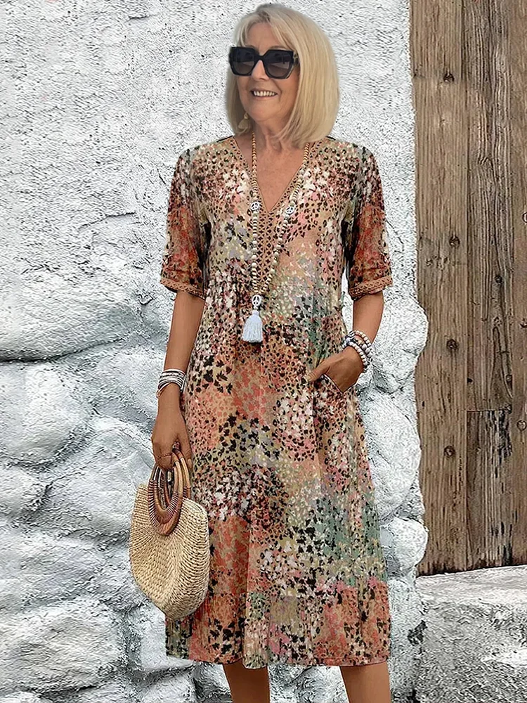 Damen Kleid | Print V-Ausschnitt Midi