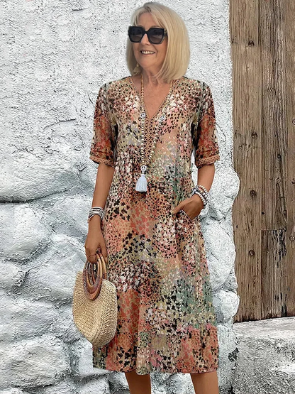 Damen Kleid | Print V-Ausschnitt Midi