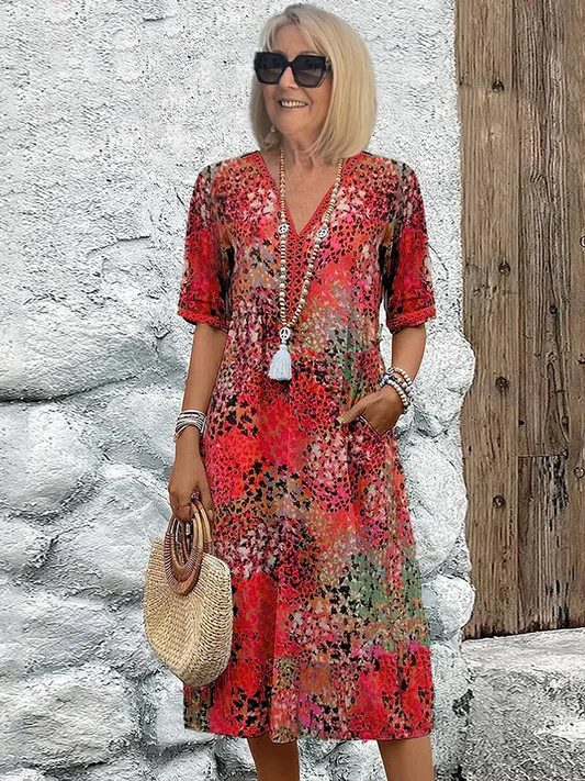 Damen Kleid | Print V-Ausschnitt Midi