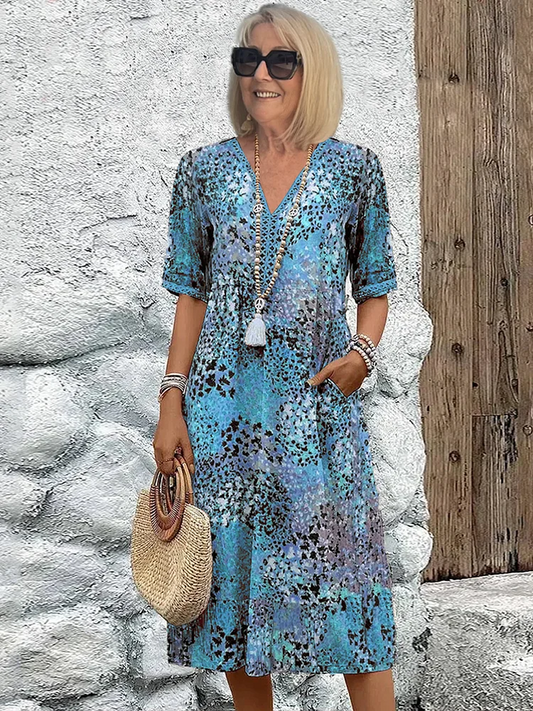 Damen Kleid | Print V-Ausschnitt Midi
