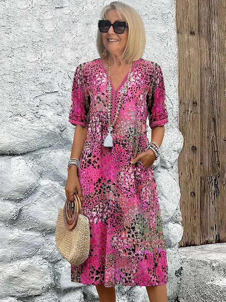 Damen Kleid | Print V-Ausschnitt Midi