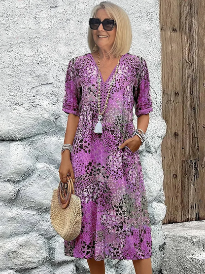 Damen Kleid | Print V-Ausschnitt Midi