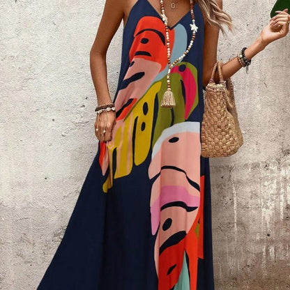 Damen Kleid | Kurzarm Blätterprint Maxi