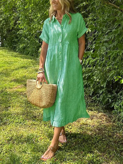 Damen Kleid | Gestreiftes Knopfleiste Midi