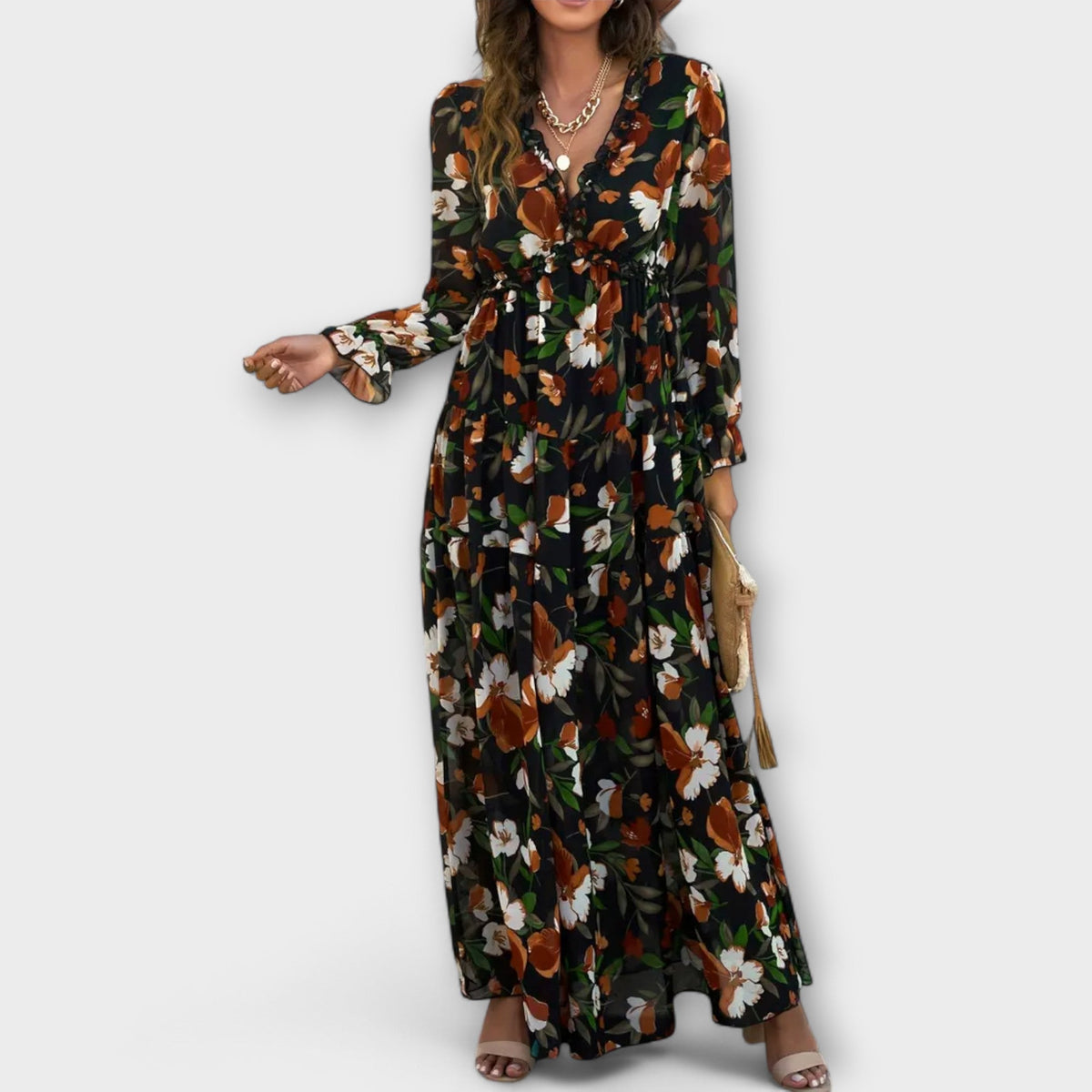 Damen Kleid | Blumenmuster V-Ausschnitt Langarm