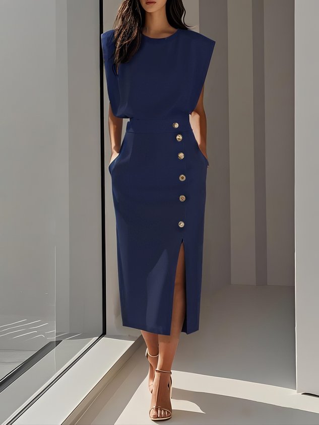 Damen Kleid | Ärmelloses Midi mit Knöpfen