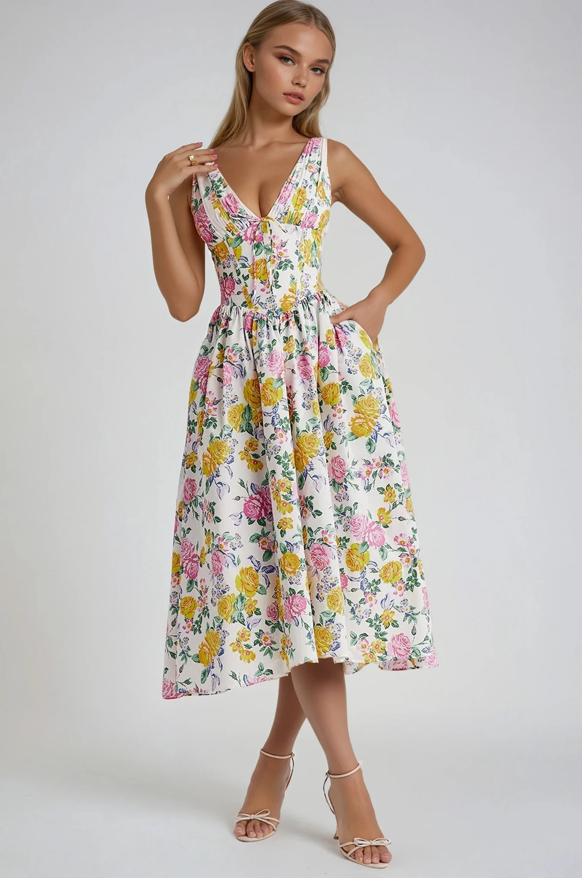Damen Kleid | Blumenmuster V-Ausschnitt Midi