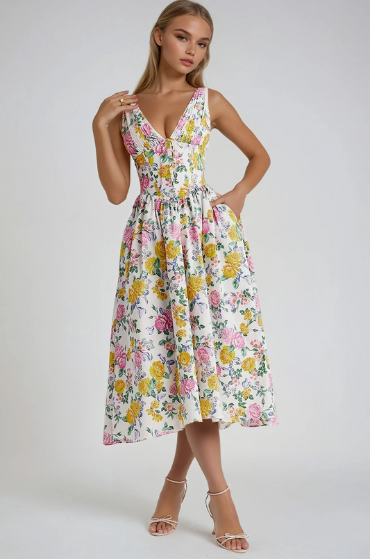 Damen Kleid | Blumenmuster V-Ausschnitt Midi