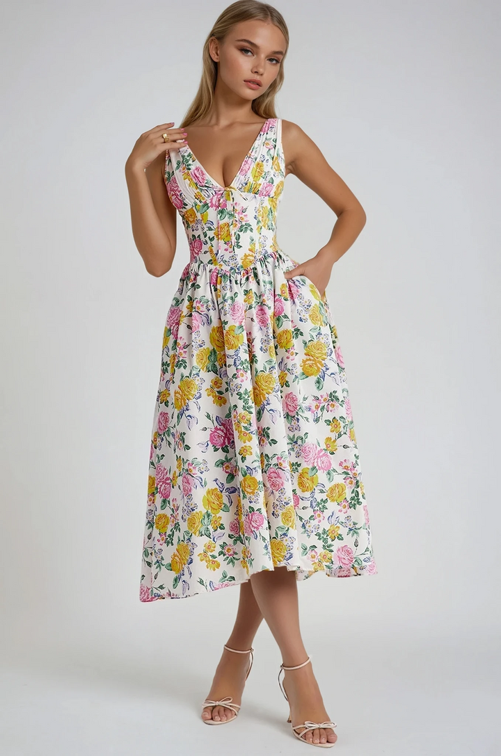 Damen Kleid | Blumenmuster V-Ausschnitt Midi