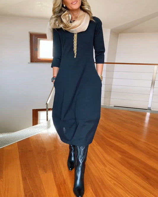 Damen Kleid | Rundhals Langarm Midi