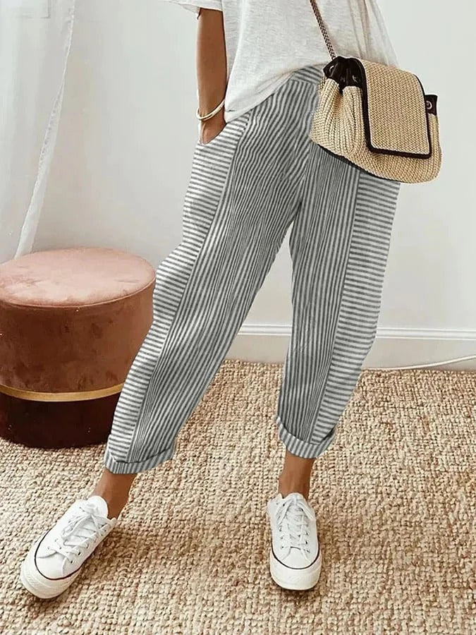 Damen Hosen | Gestreift mit Umschlagsaum
