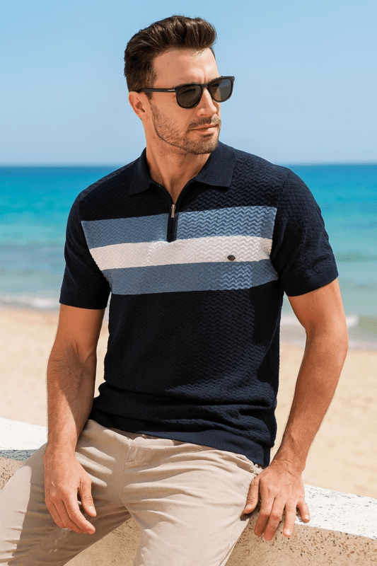 Herren Poloshirt | Reißverschluss Streifendesign