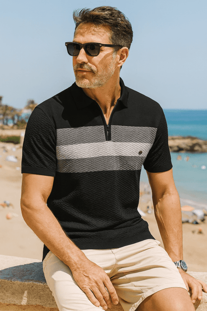 Herren Poloshirt | Reißverschluss Streifendesign