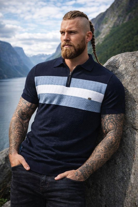 Herren Poloshirt | Reißverschluss Streifendesign