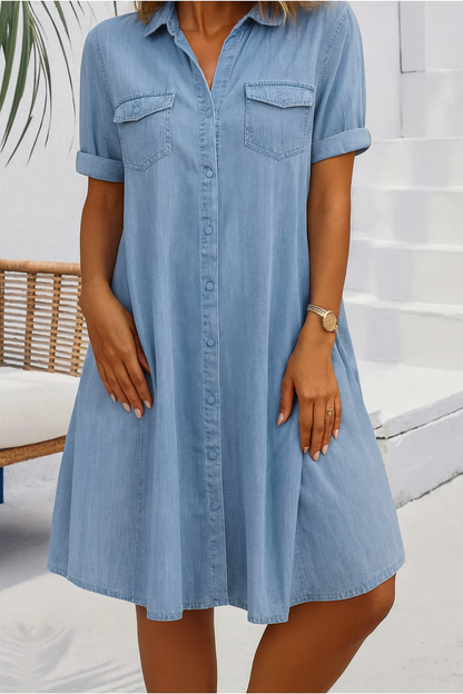 Damen Kleid | Knopfleiste Kragen Taschen