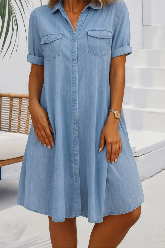 Damen Kleid | Knopfleiste Kragen Taschen