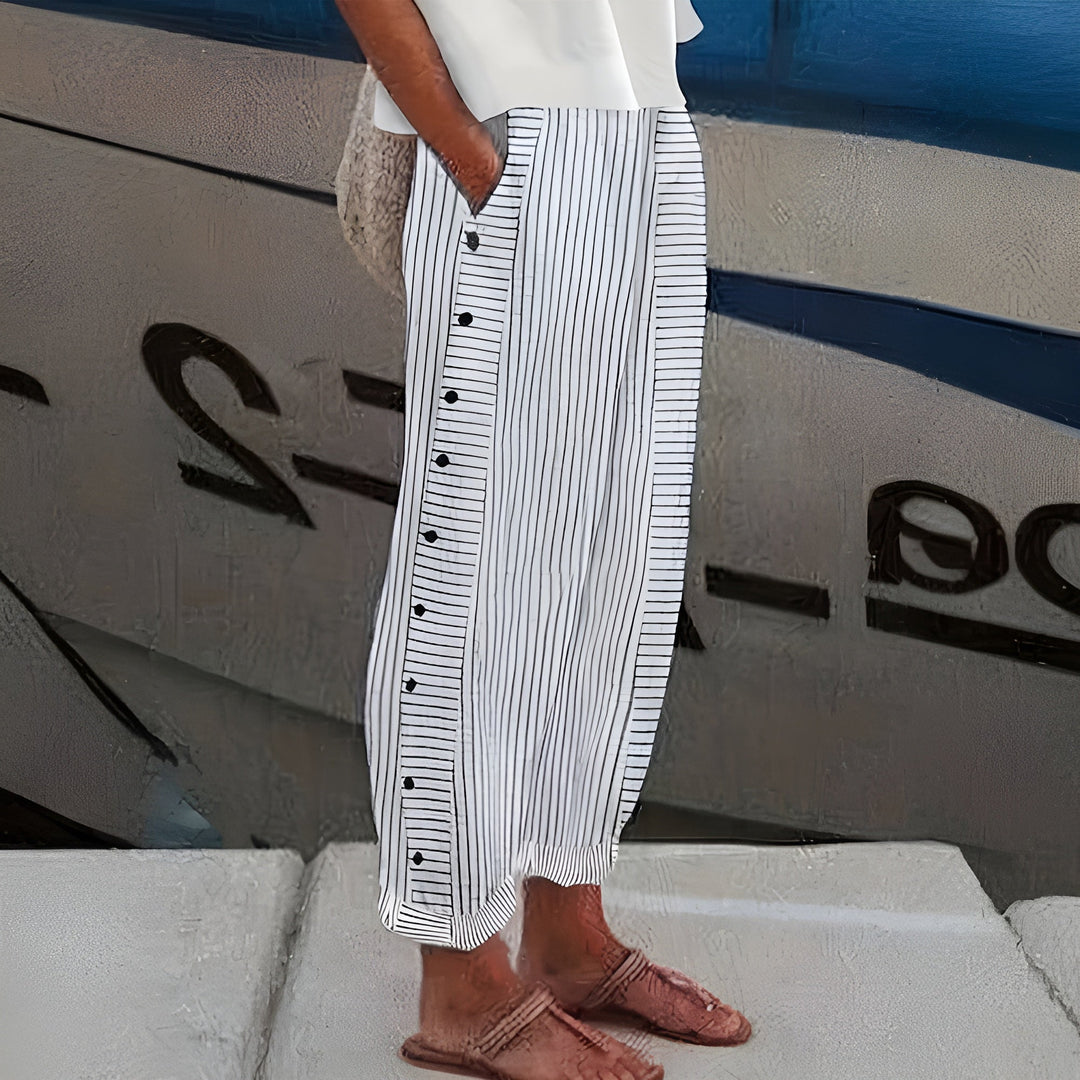 Damen Hosen | Gestreift mit Knopfdetail
