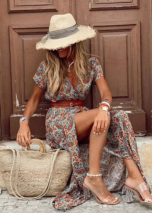 Damen Kleid | Boho V-Ausschnitt Schlitz Maxi