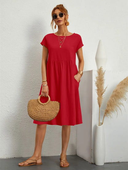 Damen Kleid | Kurzarm Rundhals Midi