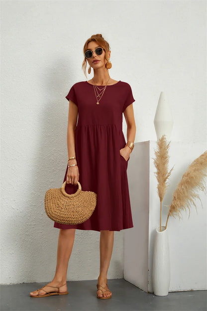 Damen Kleid | Kurzarm Rundhals Midi