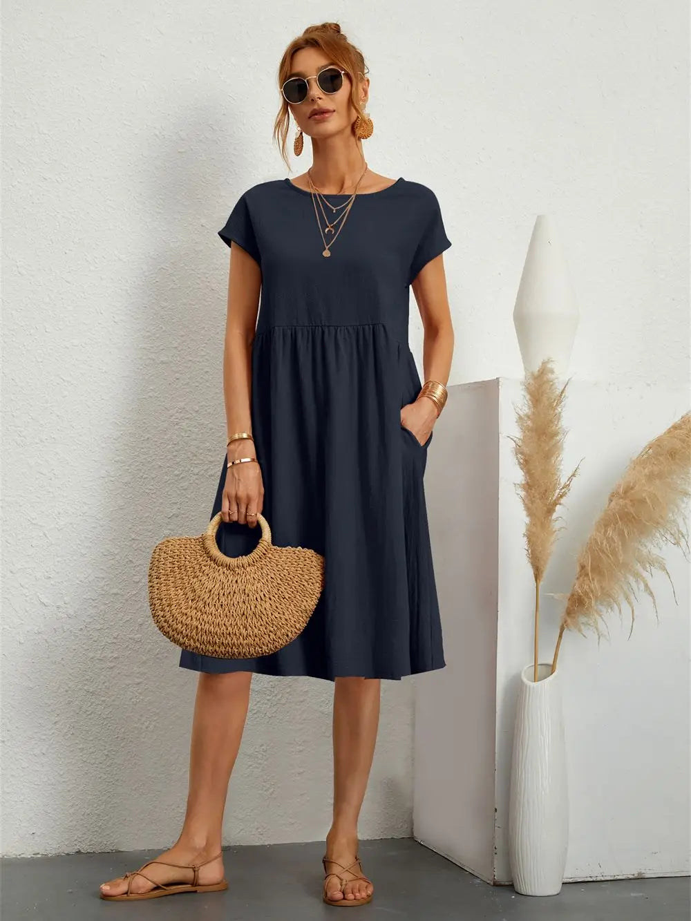 Damen Kleid | Kurzarm Rundhals Midi