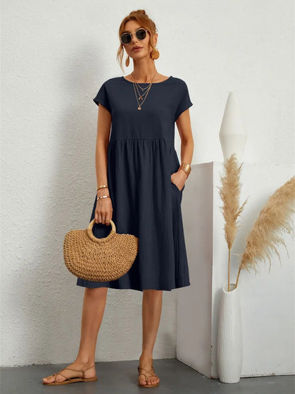 Damen Kleid | Kurzarm Rundhals Midi