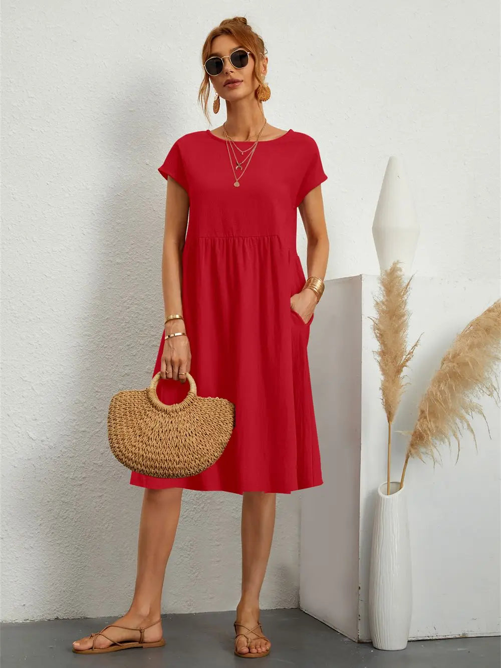 Damen Kleid | Kurzarm Rundhals Midi