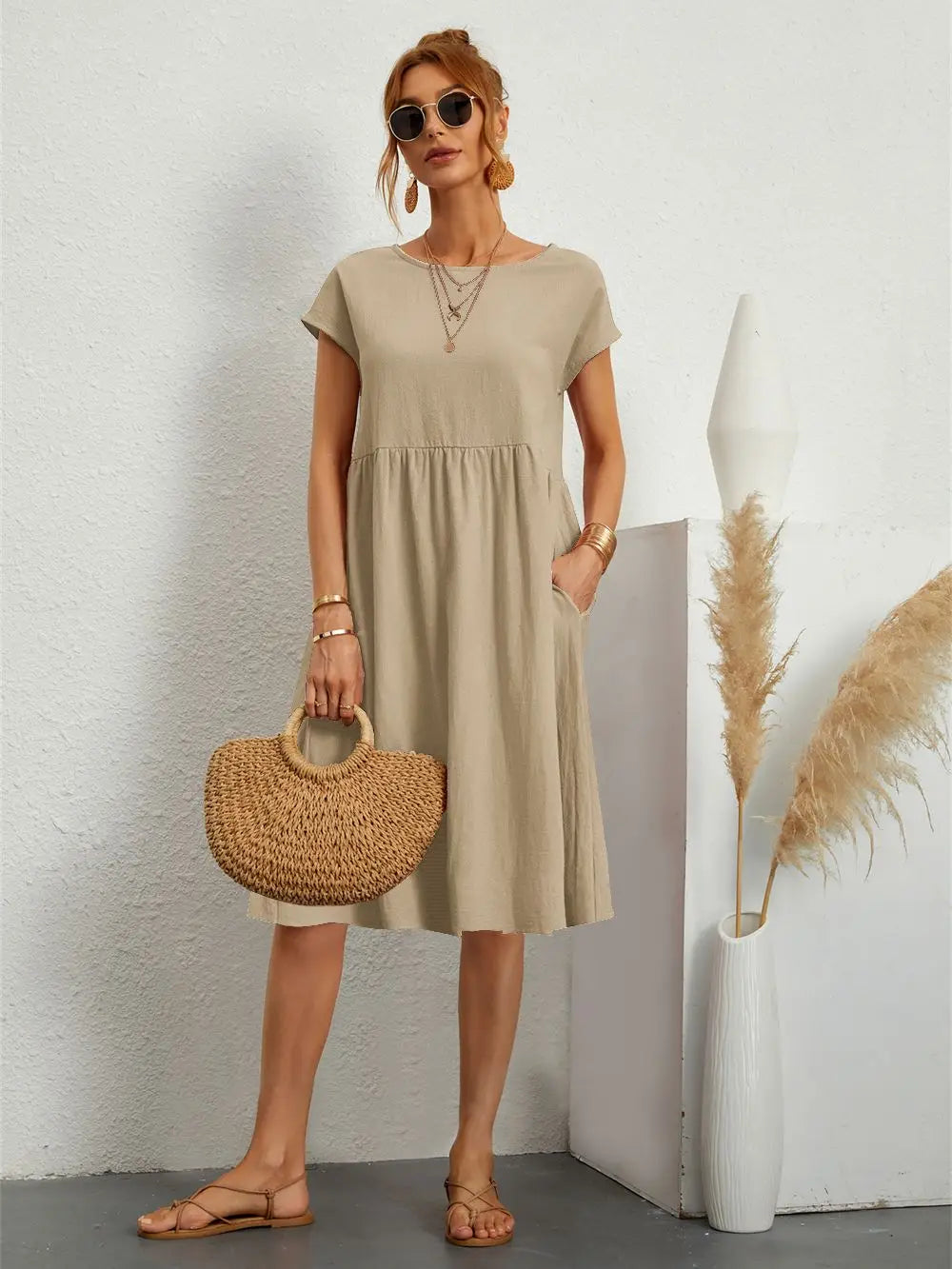 Damen Kleid | Kurzarm Rundhals Midi