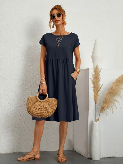 Damen Kleid | Kurzarm Rundhals Midi
