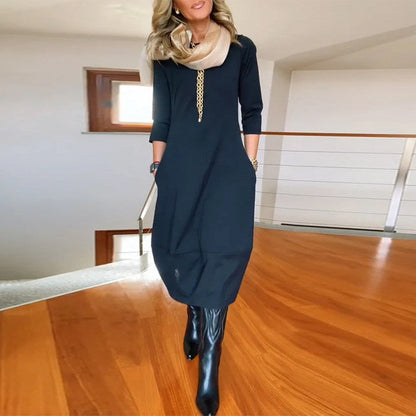 Damen Kleid | Rundhals Langarm Midi