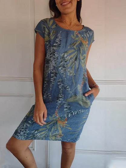 Damen Kleid | Blumenmuster Rundhals Kurzarm