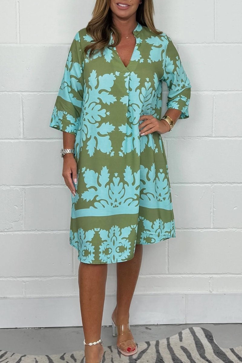 Damen Kleid | Ornamentmuster V-Ausschnitt Midi