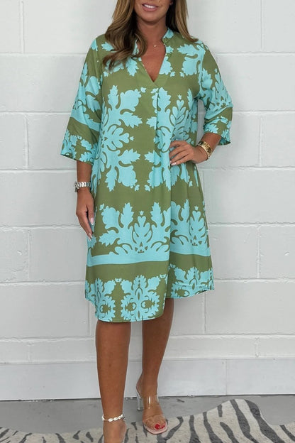 Damen Kleid | Ornamentmuster V-Ausschnitt Midi
