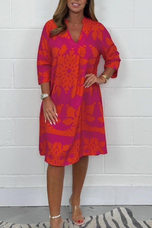 Damen Kleid | Ornamentmuster V-Ausschnitt Midi