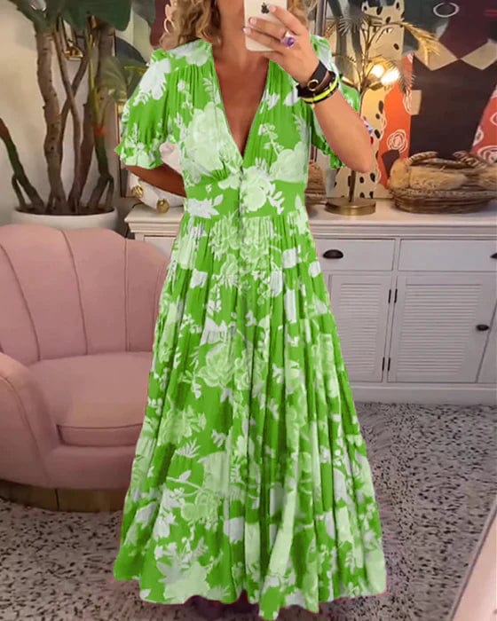 Damen Kleid | Blumen V-Ausschnitt Midi