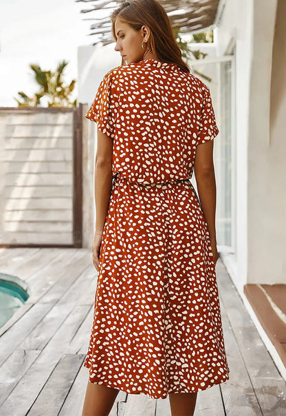 Damen Kleid | Kurzarm Bindegürtel Midi